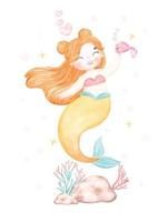 Cute sweet colorful pastel watercolor happy joyful little mermaid ginger orange hair, whimsical adorable children cartoon character hand painting illustration vector