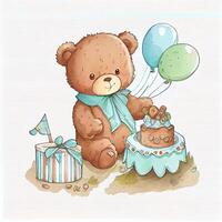 Watercolor cute birthday teddy bear. Created with photo