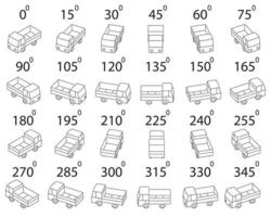 A set of 24 dump trucks from different angles. vector