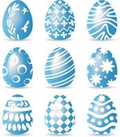 Set of blue easter eggs with the pattern set. Glossy style on white background. Vector illustration.