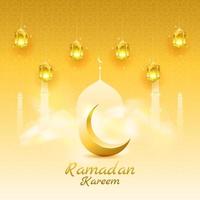 Eid Mubarak Ramadan Kareem traditional Islamic banner Square template background. Realistic shining lantern and moon with clouds. Islamic Religion concept design. Vector illustration.
