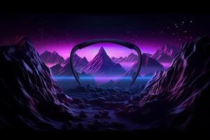 violet background featuring a cyber space landscape with unreal mountains, photo