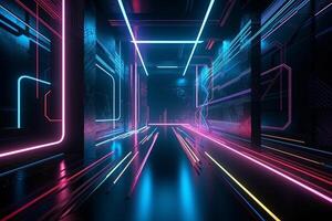 pink and blue neon lines radiating a luminous glow in the ultraviolet spectrum. The cyber space and laser show elements create a dynamic and futuristic ambiance, photo