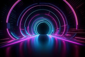 pink and blue neon lines radiating a luminous glow in the ultraviolet spectrum. The cyber space and laser show elements create a dynamic and futuristic ambiance,AI Generative photo