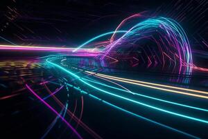 pink and blue neon lines radiating a luminous glow in the ultraviolet spectrum. The cyber space and laser show elements create a dynamic and futuristic ambiance, photo