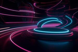 pink and blue neon lines radiating a luminous glow in the ultraviolet spectrum. The cyber space and laser show elements create a dynamic and futuristic ambiance, photo