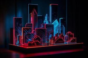 red and blue neon city with geometric shapes and glowing lights, photo