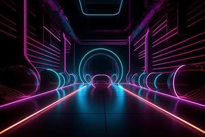 pink and blue neon lines radiating a luminous glow in the ultraviolet spectrum. The cyber space and laser show elements create a dynamic and futuristic ambiance, photo