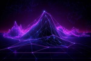 violet background featuring a cyber space landscape with unreal mountains, photo