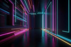 pink and blue neon lines radiating a luminous glow in the ultraviolet spectrum. The cyber space and laser show elements create a dynamic and futuristic ambiance, photo