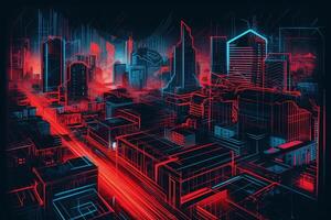 red and blue neon city with geometric shapes and glowing lights, photo