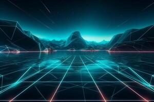 virtual reality with this abstract violet background featuring a cyber space landscape with unreal mountains, photo