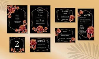 wedding invitation set with golden outline roses vector illustration