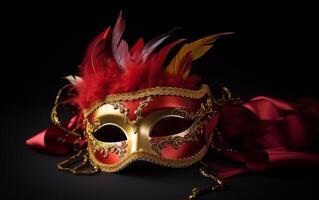 veneciano máscara en oro elegante carnaval máscara carnaval máscara Purim máscara fiesta máscara mascarada mascarilla, ai generativo foto