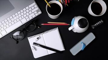 Top view of open notepad with gadgets and laptop with a cup of coffee, business workplace background- photo