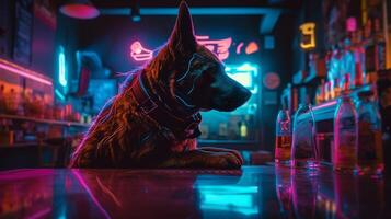 Dog sits on bar in the night view neon light. photo