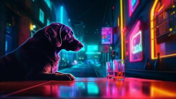 Dog sits on bar in the night view neon light. photo