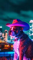 Dog sits on bar in the night view neon light. photo