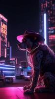 Dog sits on bar in the night view neon light. photo