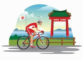 man cycling in japan with japanese gate as bacground vector