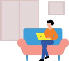 Boy sitting on sofa working on laptop. vector