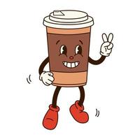 Groovy retro cartoon coffee character. Jumping coffee to go with eyes and gloved hands. Isolated flat illustration in style 60s 70s vector