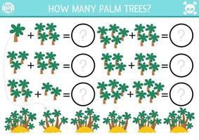 How many palm trees game. Tropical island math addition activity for preschool children. Simple summer printable counting worksheet for kids with jungle greenery vector