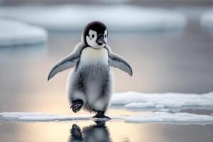 un bebé pingüino anadeando a través de el hielo, con sus alas extendido para balance. ai generado foto