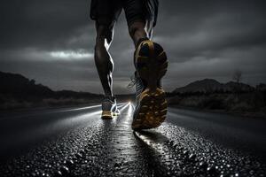 Photo behind legs of athlete running on the road trail in sunset training for marathons and fitness.