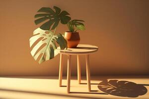 Wooden table with beautiful sunlit green tropical plant leaves and shadows on beige wall. photo