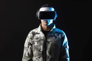 un hombre vistiendo un virtual realidad auriculares con neón ligero. ai generado foto