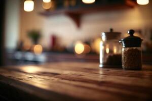 Kitchen wooden table top with blur background. photo