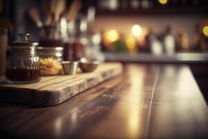 Kitchen wooden table top with blur background. photo