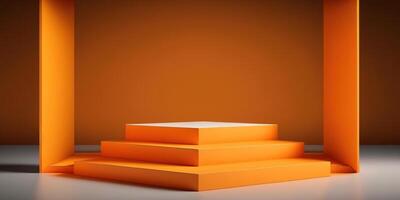 Realistic 3D orange theme podium for product display. photo