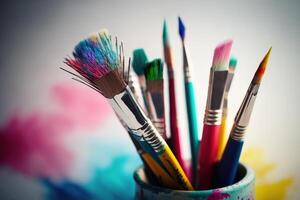 Colorful Paint Brushes with isolated white background and copy space. photo