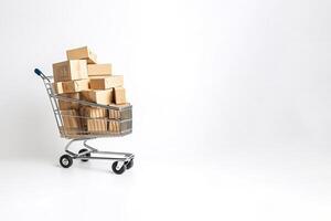 a shopping cart filled with boxes on top and around isolated on white background with copy space. photo