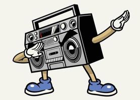 retro boombox estéreo cinta mascota personaje frotando actitud vector