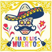 dia de los muertos design with sugar skull wearing mexican sombrero vector