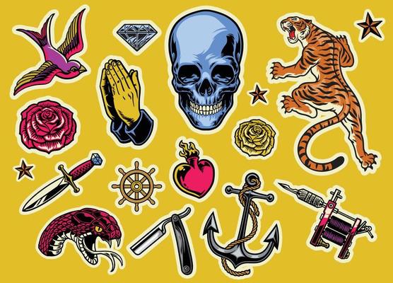 set of colorful tattoo flash