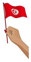 Female hand gently holds small Republic of Tunisia flag. Holiday design element. Cartoon vector on white background