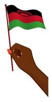 Female hand gently holds small flag of Republic of Malawi. Holiday design element. Cartoon vector on white background
