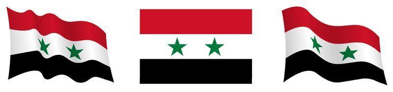 Syria flag in static position and in motion, fluttering in wind in exact colors and sizes, on white background vector