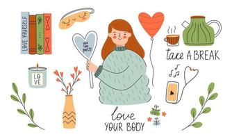 Collection of Love Yourself stickers. Self-care, relax, self-acceptance. A collection of flat objects - tea, candle, vase, books, flowers, hearts, a phone with headphones, a fat girl, sleep mask vector
