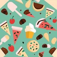 A green square with a pattern of different foods including ice cream, ice cream, and a cupcake. vector