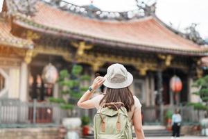 woman traveler visiting in Taiwan, Tourist with hat sightseeing in Longshan Temple, Chinese folk religious temple in Wanhua District, Taipei City. landmark and popular. Travel and Vacation concept photo