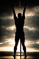 un hombre en pie en el lluvia con su manos arriba, cinematográfico imagen, póster. generativo ai foto