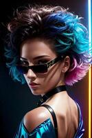 Moda espectáculo, Moda modelo. hermosa sexy mujer con brillante pelo y Gafas de sol, vistiendo un negro parte superior en su espalda y en un azul fondo, cyberpunk Arte. generativo ai foto