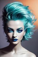 un mujer con azul pelo y maquillaje poses para un imagen con azul sombra y un azul labio, fotorrealista cuadro, gótico Arte. generativo ai foto