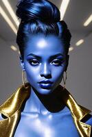 Woman with blue makeup and gold jacket posing for a photo with a light behind her, afrofuturism.