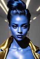 mujer con azul maquillaje y oro chaqueta posando para un foto con un ligero detrás su, afrofuturismo. generativo ai